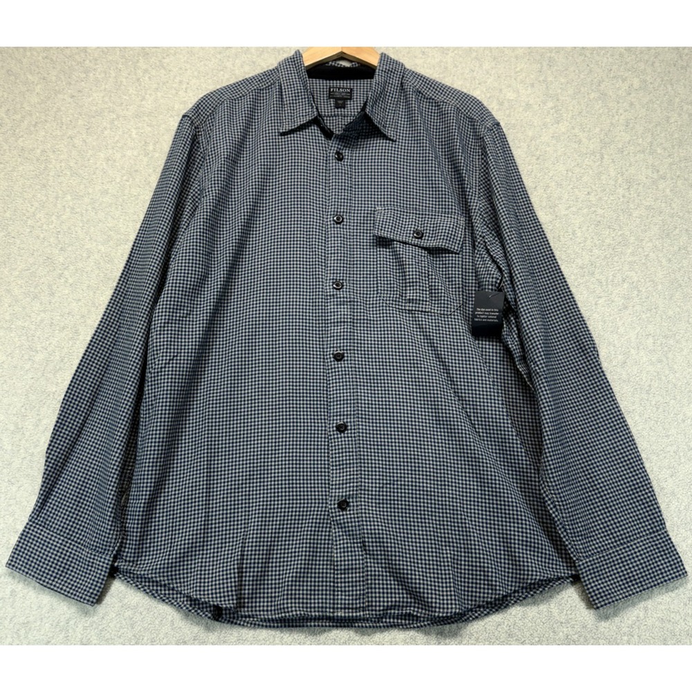 NWT Filson Mens Button-Up Shirt Blue White Gingham Check Cotton Long Sleeve L